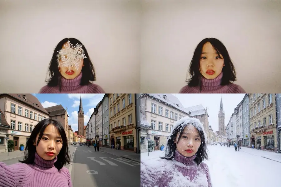 Flux AI character consistency demonstration showing same character in different scenes